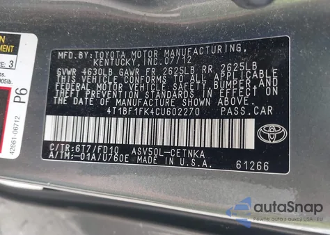 2012 Toyota Camry Le z USA, uszkodzony, nr VIN 4T1BF1FK4CU602270